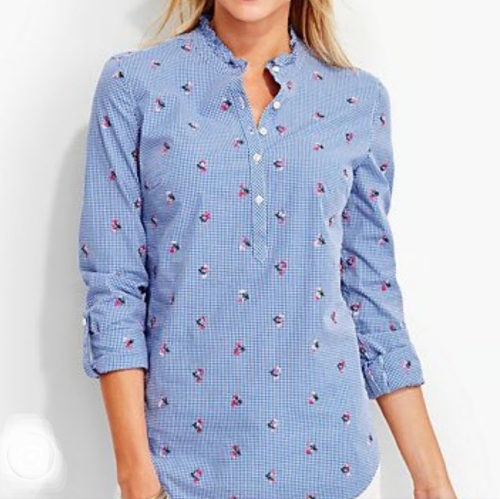Talbots Mandarin Ruffle Collar Floral Embroidered Tunic